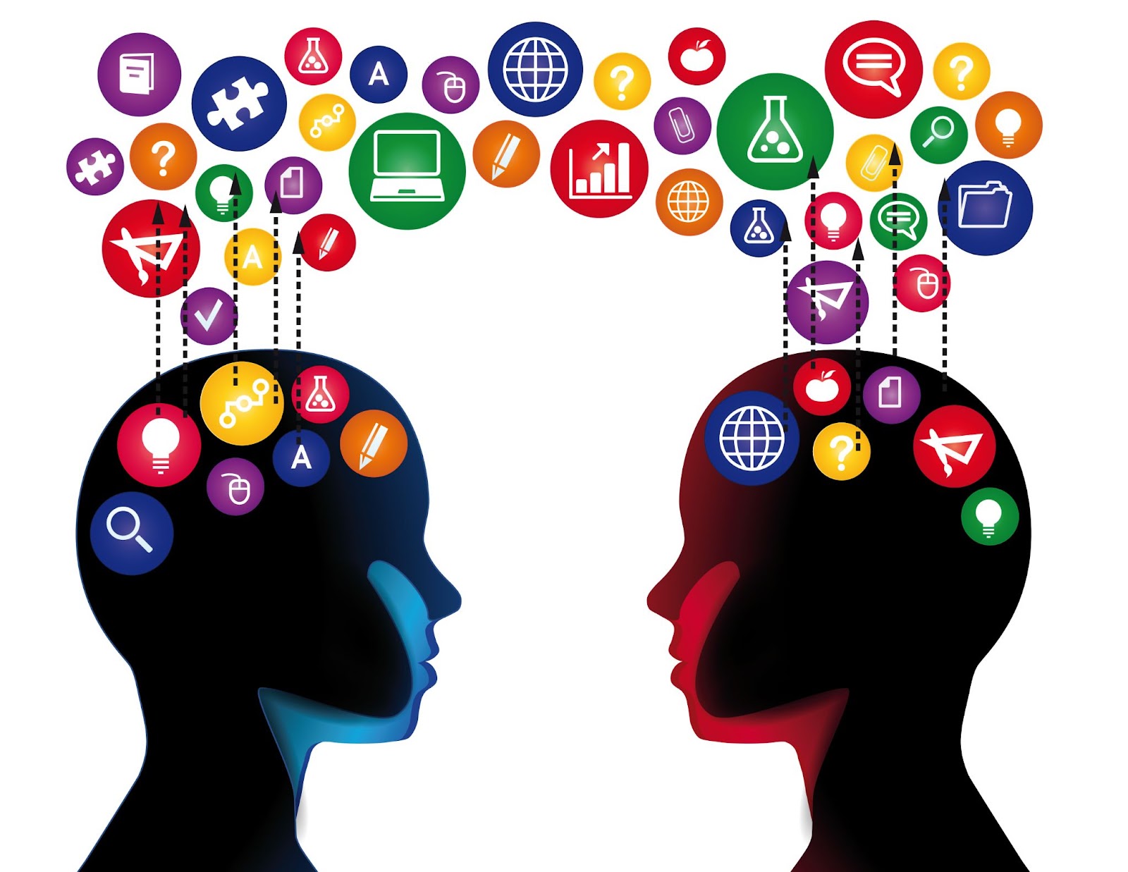 Two silhouetted heads face each other, with colorful icons representing various subjects, such as technology, science, and education, flowing between them. The image symbolizes knowledge sharing and improved communication as well as problem-solving abilities.
