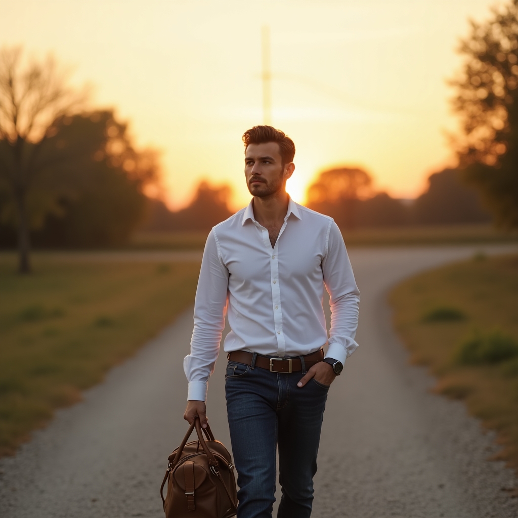 Man walking away from a crossroads, looking ahead confidently, symbolizing emotional freedom and independence