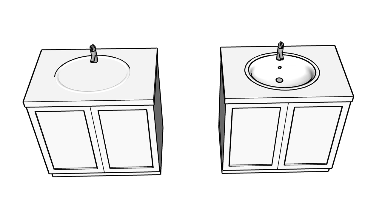 Two cabinets, one with an oval shape on top and one with an oval sink on top