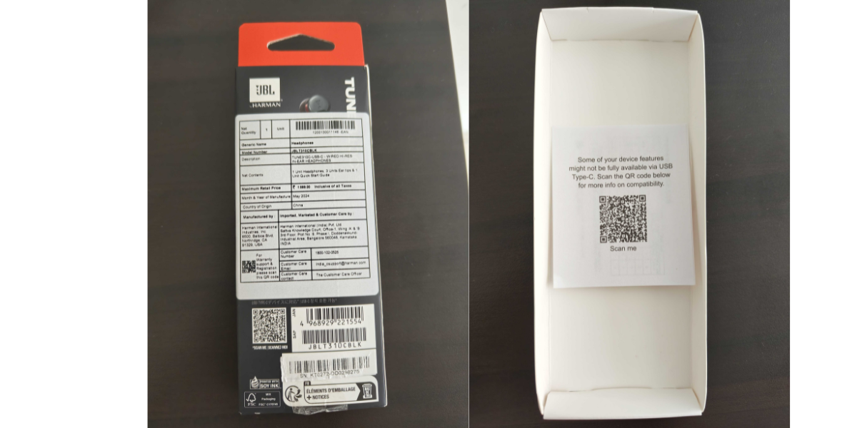 A box packaging of JBL earphones with QR Codes.