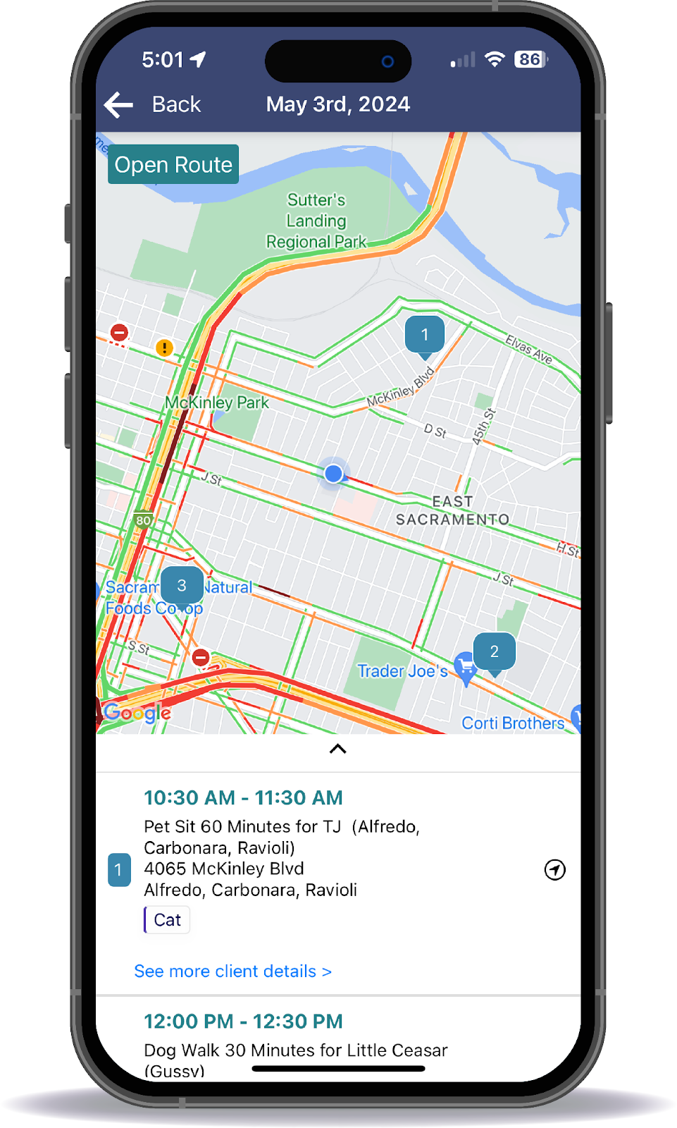 screenshot of phone mockup showing daily visit map feature