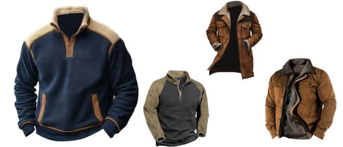 A collage of men's polar fleece and faux-fur lined jackets. Features a blue half-zip, a grey quarter-zip, and two brown full-zip jackets.