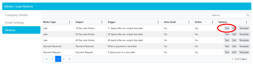 Bryt Software loan notices panel displaying predefined late and payment-related notices with triggers, email settings, and test options.