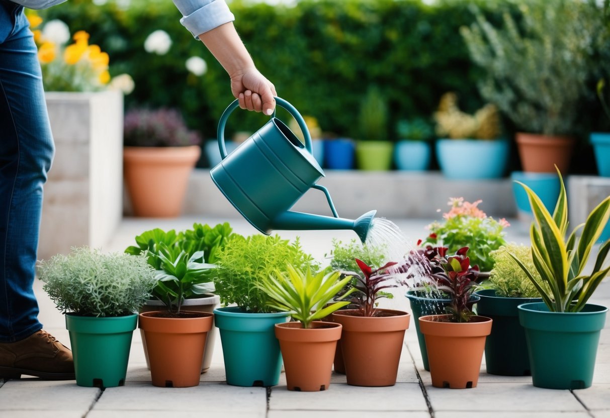 A hand reaches down, holding a watering can, to water a variety of plants in different sized pots arranged neatly on a patio