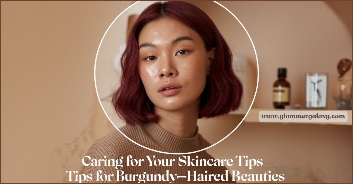 Woman with burgundy hair and skin products