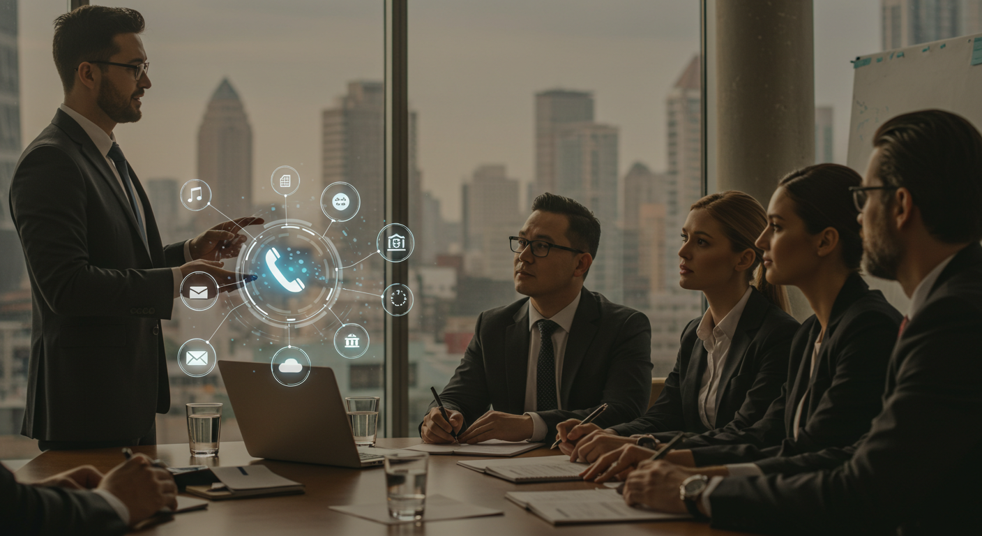 A consultant explaining SIP trunk reseller solutions to potential business clients, highlighting the targeted marketing approach needed for telecommunications services.