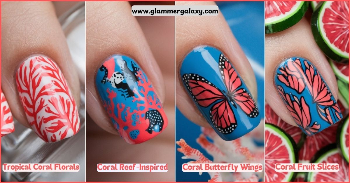 Three nail art designs inspired by coral, tropical florals, and fruit slices.