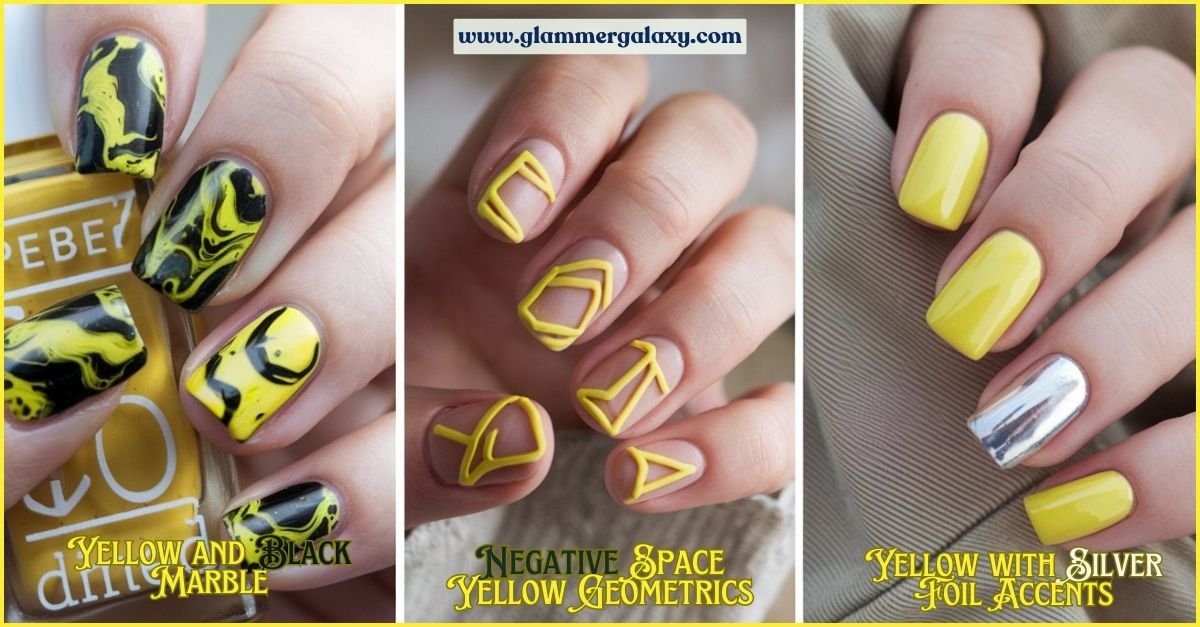 Yellow and black nail art with geometric designs, negative space, and silver foil accents.