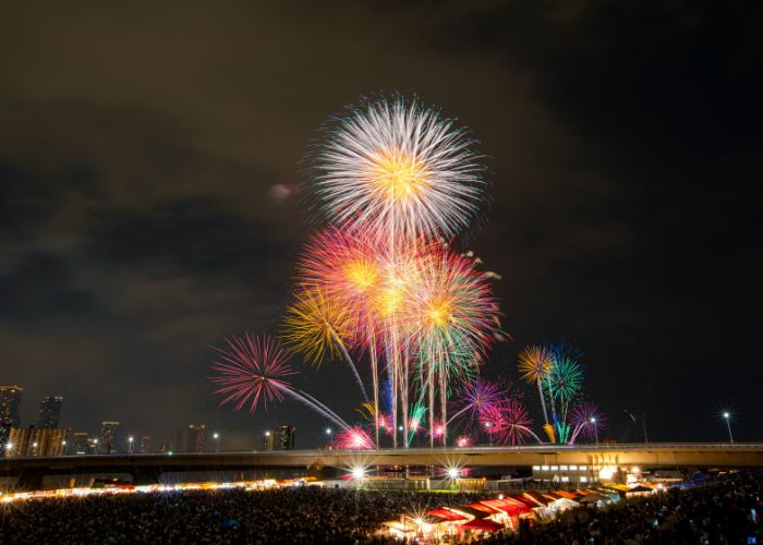 A fireworks show over the Yodogawa River in Osaka