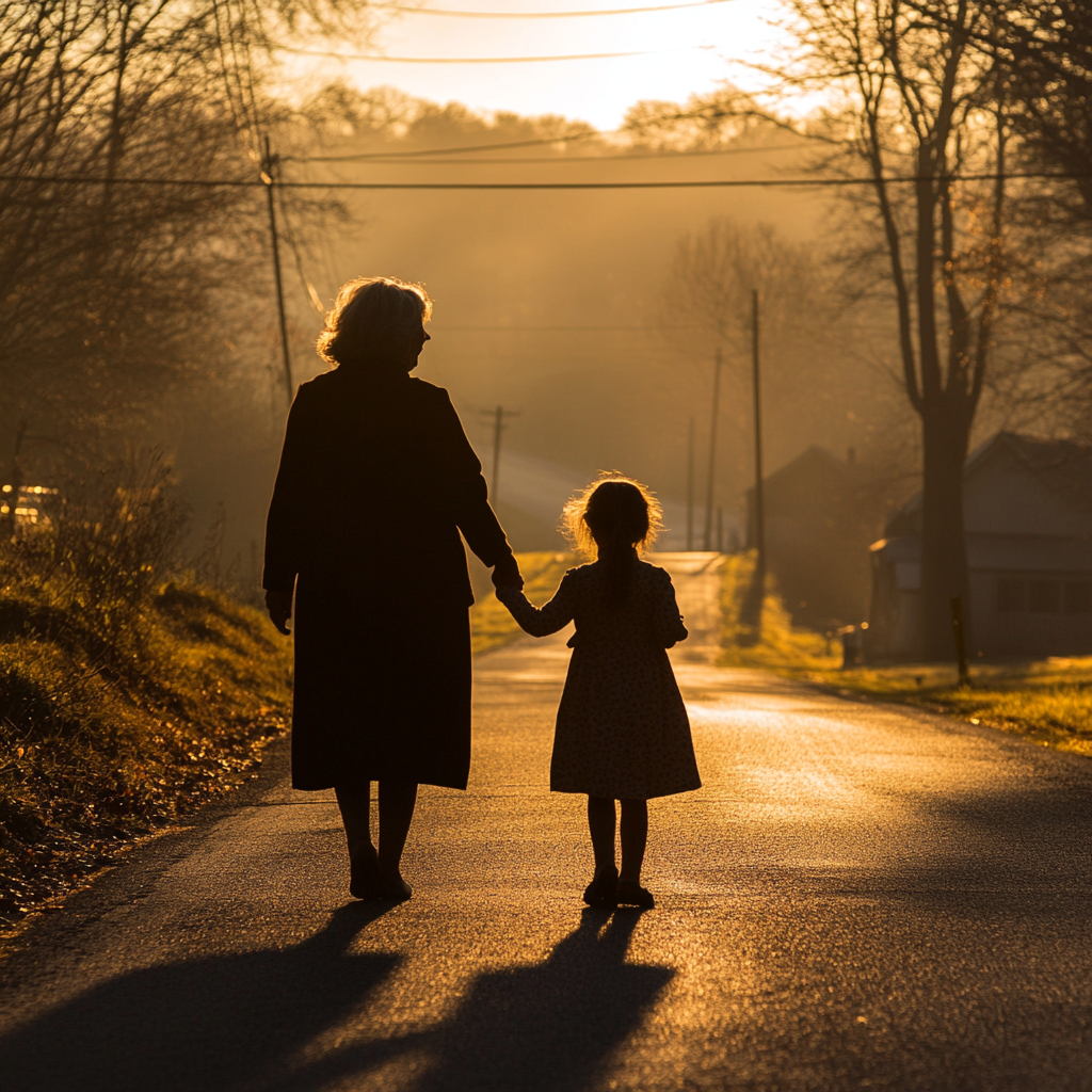 Silhouette of a little girl walking on the road with her grandmother | Source: Midjourney