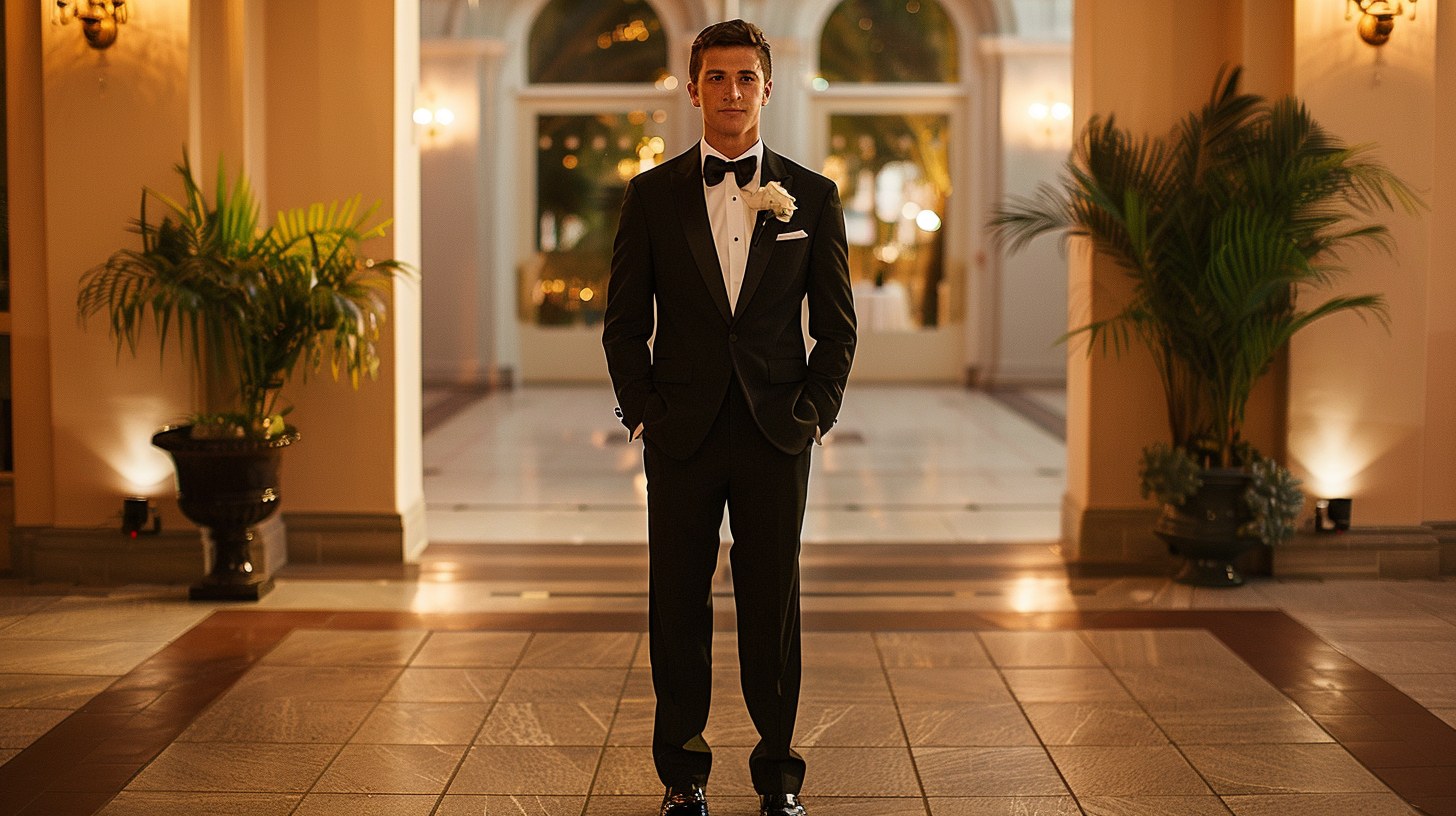 Groom standing confidently at an elegant wedding venue, wearing a classic black tuxedo with satin lapels, crisp white dress shirt, black bow tie, and polished shoes, evening lighting, romantic and formal atmosphere, focus on sharp style and refined details