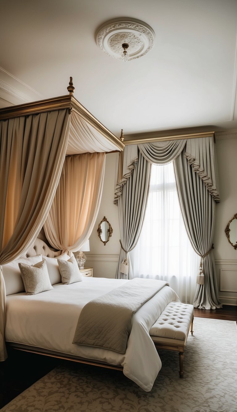 A canopy bed with flowing drapes in a luxurious master bedroom, creating a romantic and elegant atmosphere