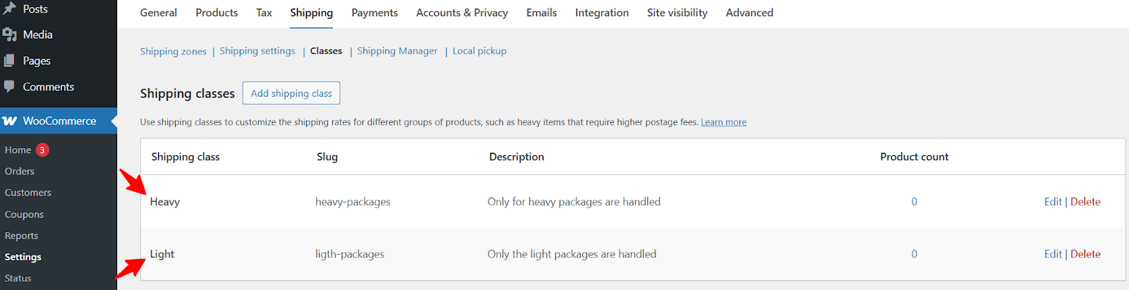 Created WooCommerce shipping classes