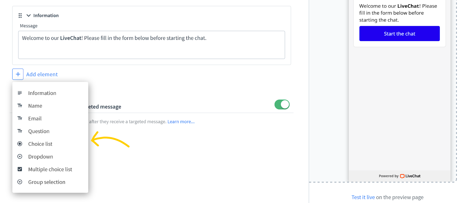 Choose a field you want to add to pre-chat form.