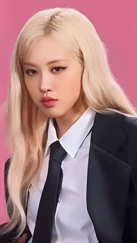 This contains an image of BLACKPINK Rosé's long blonde hair wearing a black tie and white shirt, standing in front of a pink background