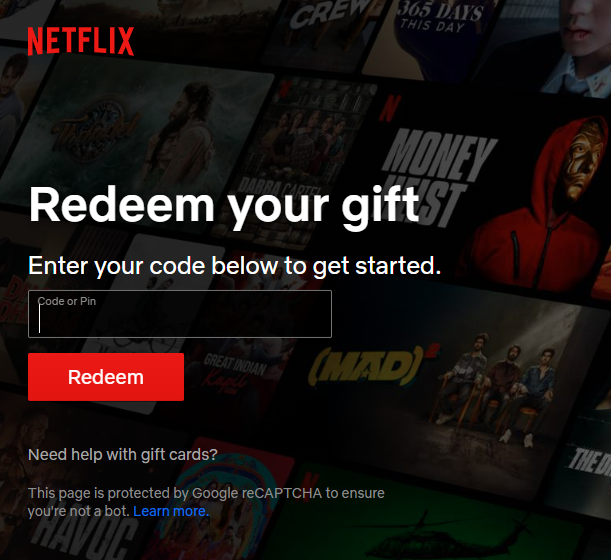 User entering the Netflix gift card code into the designated redemption field on the official website