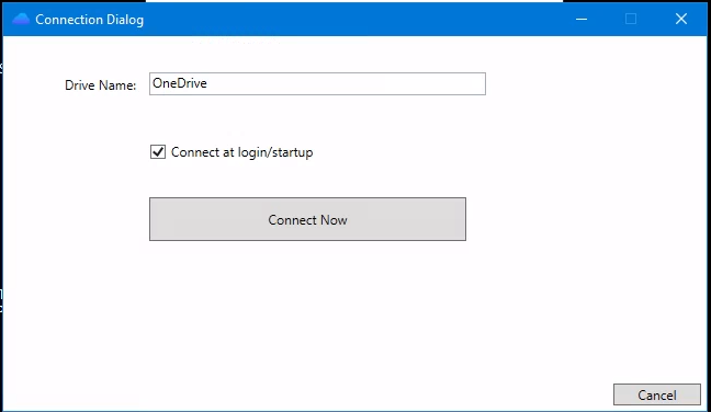 This image shows the Connection Dialog window, ensure that Connect at Login/Start is checked and click “Connect Now”.