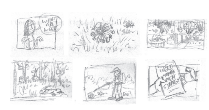 6 rough sketches of thumbnail drawings, scenes of weed management and gardening