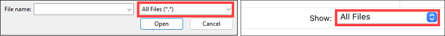 Save As pop-up window showing selection of All Files on Windows and Mac