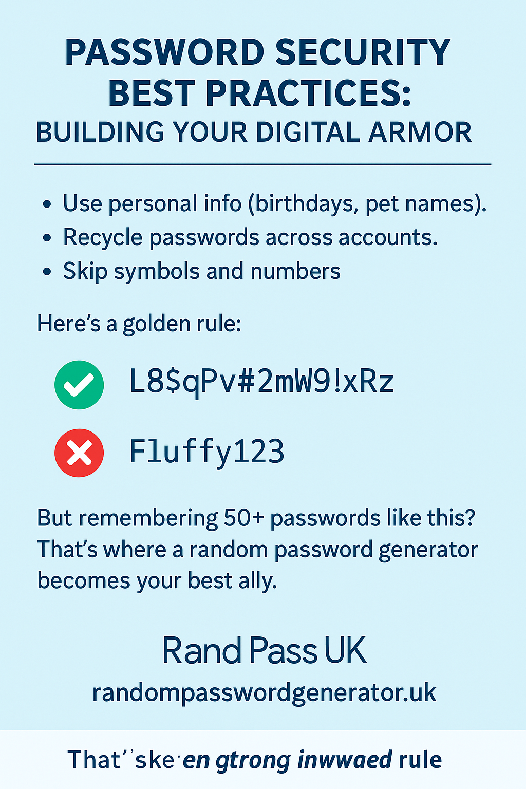 Blue-and-white infographic titled “Step-by-Step: Turn Your Weak Passwords into Fort Knox,” showing four numbered steps for improving password security (choose a password manager, generate a 16+ character password with mixed characters, replace weak passwords for email/banking/social media, enable two-factor authentication), a comparison table of free vs. premium password managers, tips on why to upgrade, secure storage advice, and branded with “RAND PASS UK” and randompasswordgenerator.uk at the bottom.

