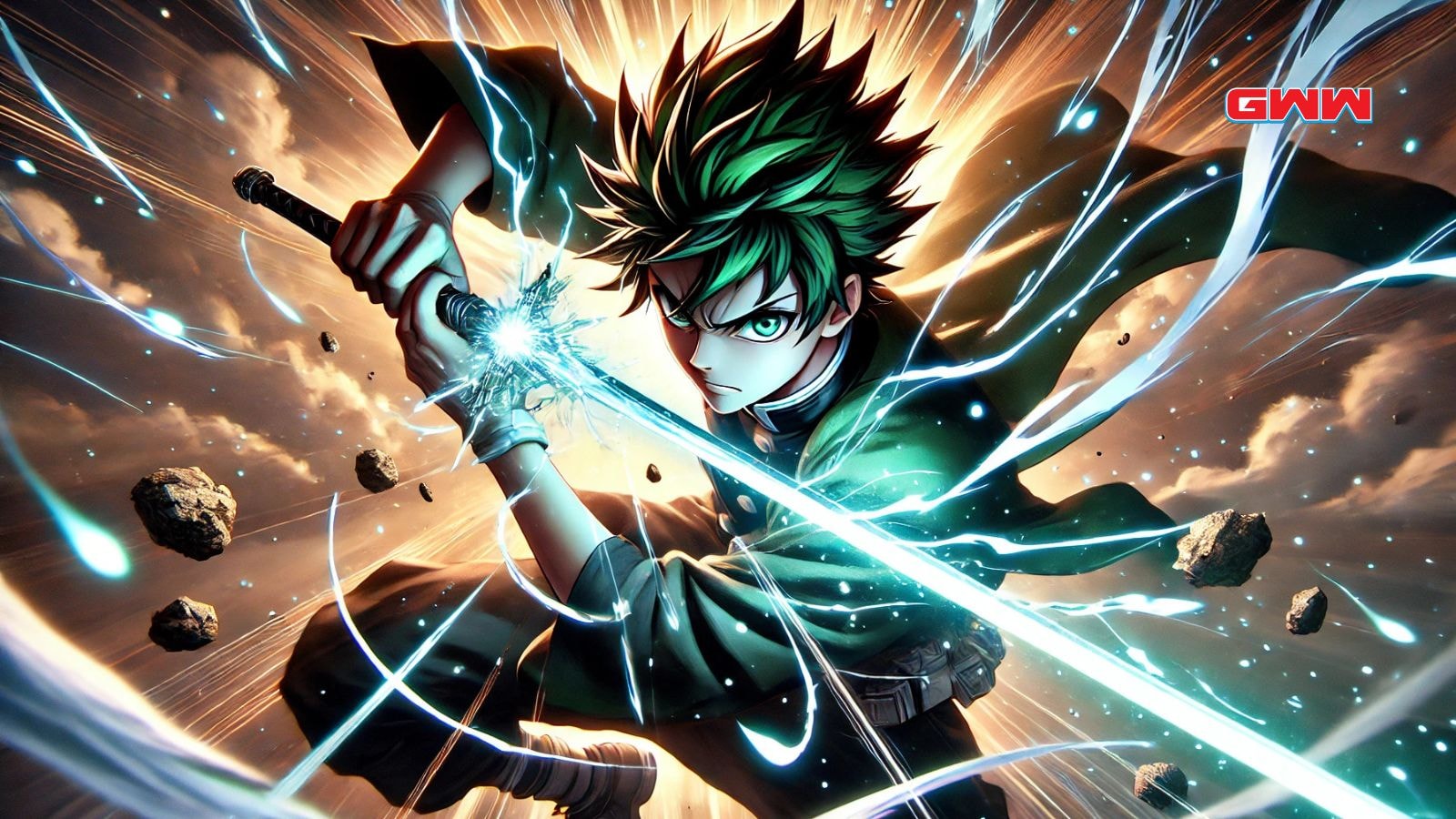 A powerful anime character with spiky green hair, wielding a single glowing sword in an iconic action pose. 