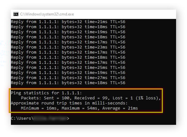 Checking the packet loss test in cmd on Windows 10 to see the percentage of packets lost.