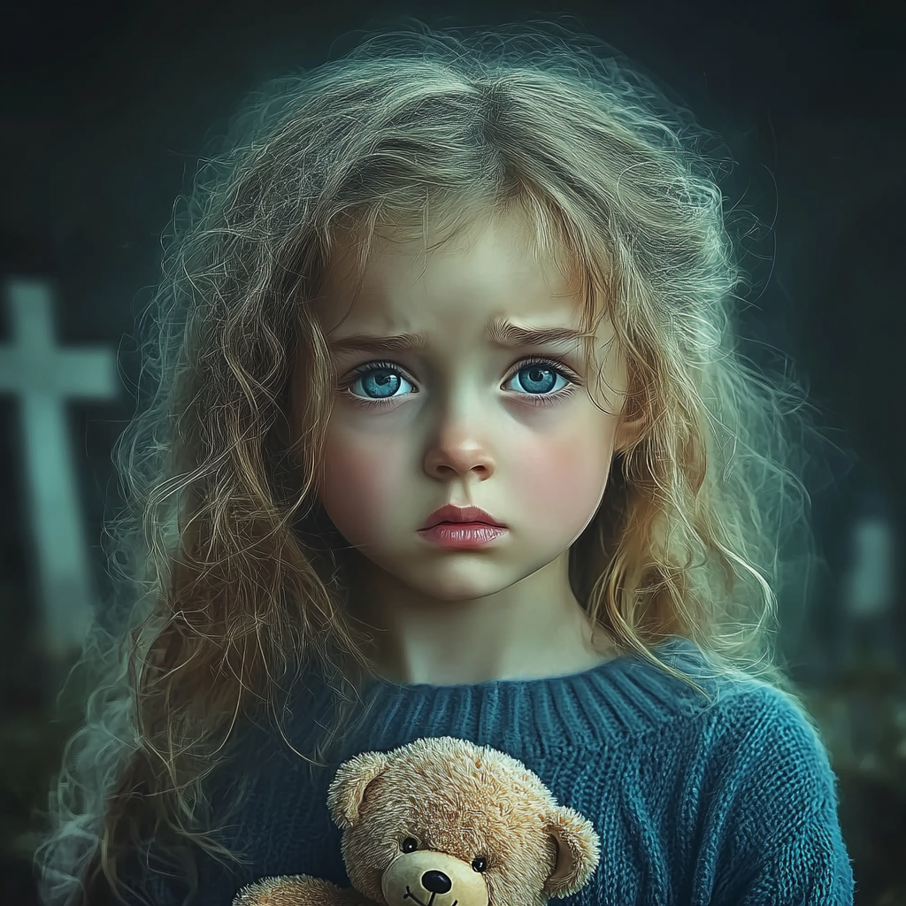 A grieving little girl in a cemetery | Source: Midjourney