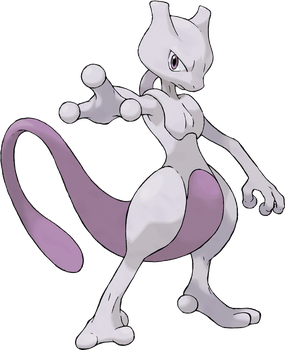 Afbeelding van Mewtwo: een slanke, antropomorfe Pokémon met een paarsachtig-grijze huid,