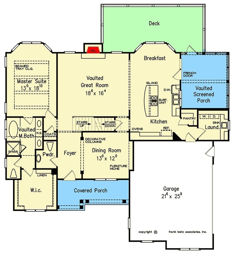 Main level floor plan of a 3-bedroom two-story coastal cottage home with front and screened porches, foyer, great room, formal dining room, kitchen with breakfast nook, laundry room, primary suite, and a spacious rear deck.