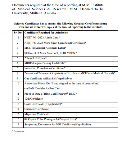 Documents required for pg admission at srm medical college