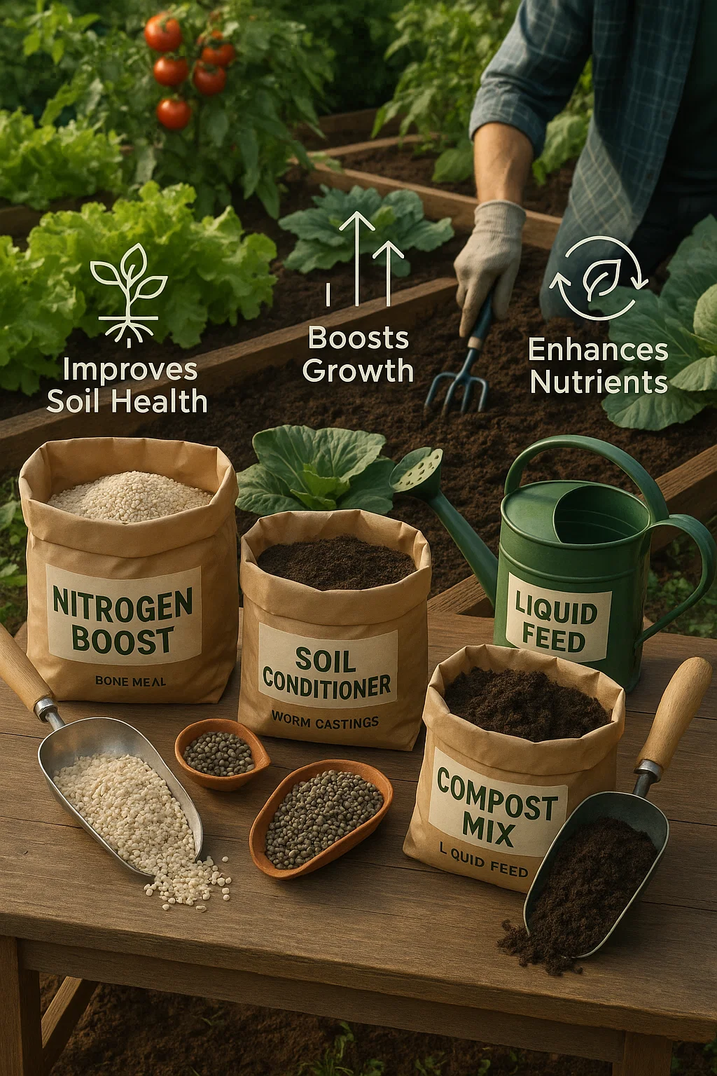 A vibrant garden scene with a close-up view of various garden fertilizers and soil amendments arranged neatly on a wooden table beside lush vegetable beds. Show items like compost, bone meal, worm castings, organic fertilizer pellets, and a watering can with liquid feed. Include scoops and bags with clear labels like “Nitrogen Boost,” “Soil Conditioner,” and “Compost Mix.” In the background, plants look healthy and thriving, with rich, dark soil visible. A gardener is gently mixing amendments into the soil. Add subtle infographic-style icons pointing out benefits like “Improves Soil Health,” “Boosts Growth,” and “Enhances Nutrients.” 