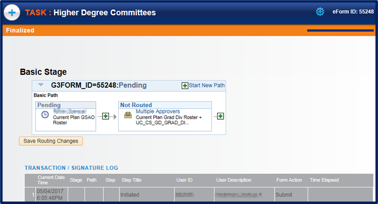 Example of confirmation page showing the form has been routed to the Graduate Advisor for review and approval.