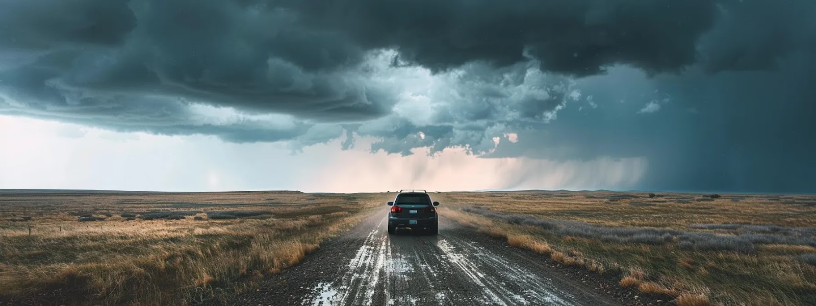 a car driving through a stormy oklahoma landscape, highlighting the importance of high-quality car insurance in the state.