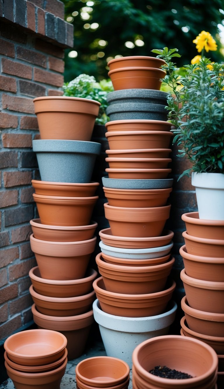 A corner garden filled with a stack of terracotta pots in various sizes and shapes, arranged in a visually appealing manner