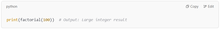 Factorial function handling large numbers in Python.