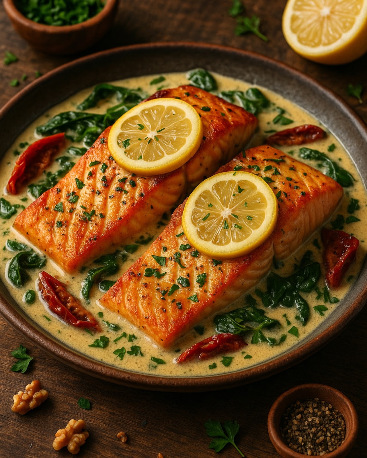 creamy pan seared salmon with lemon garlic cream sauce