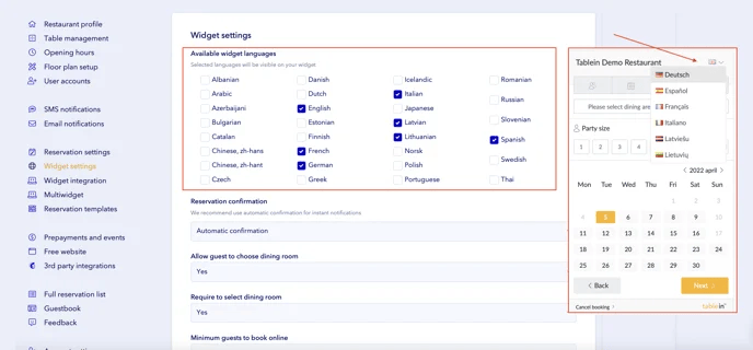 Tablein dashboard