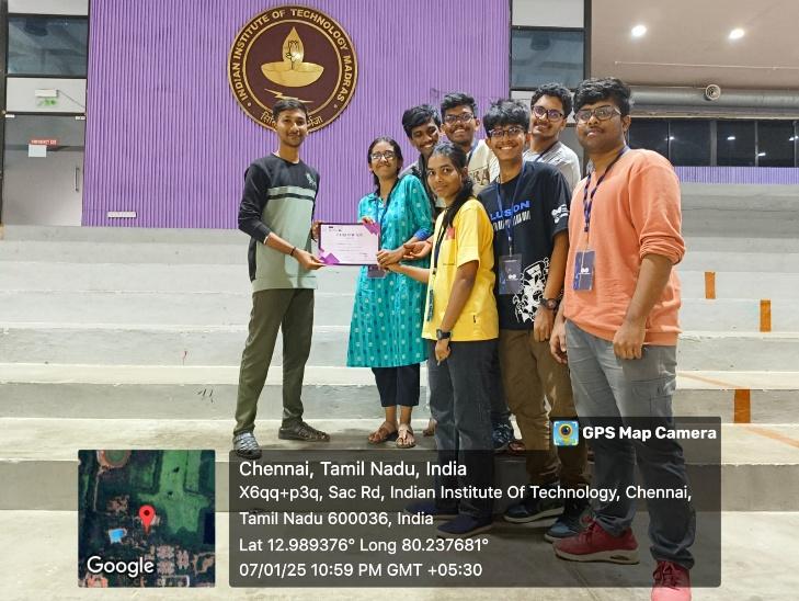 Group of students and faculty from SMVEC posing with a certificate at the Indian Institute of Technology Madras (IITM), Chennai, Tamil Nadu, captured with GPS map camera on January 7, 2025.