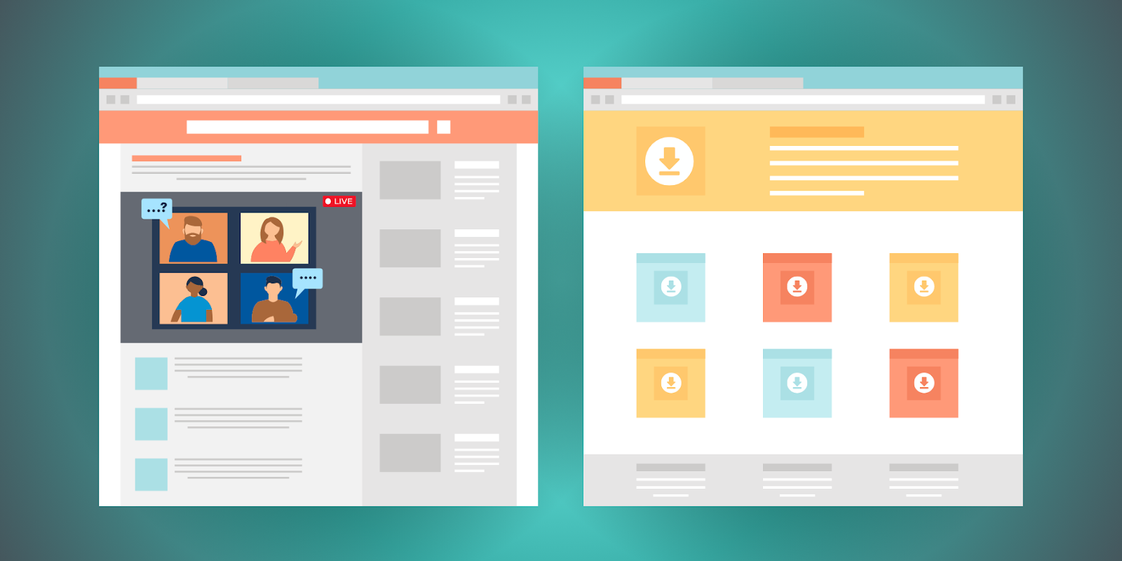 Illustration of two browser windows—one displaying a webinar and the other a resources page with downloadable PDFs and eBooks—demonstrating engagement with high-value content.