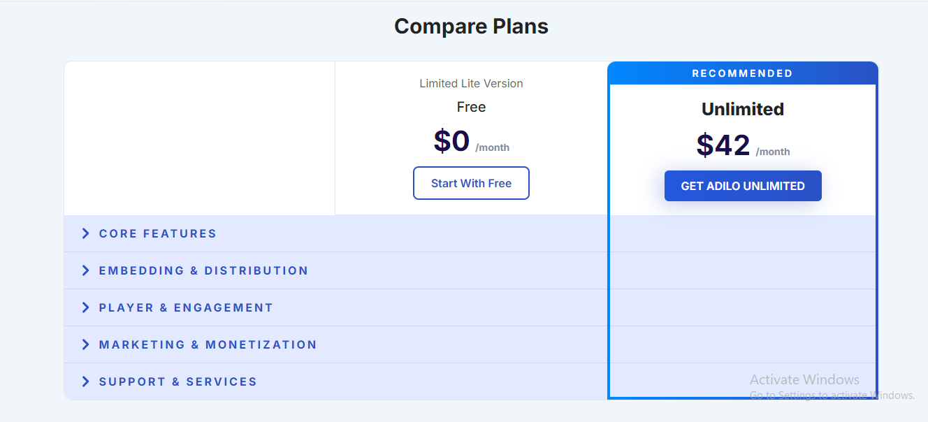 Adilo unlimited hosting plan