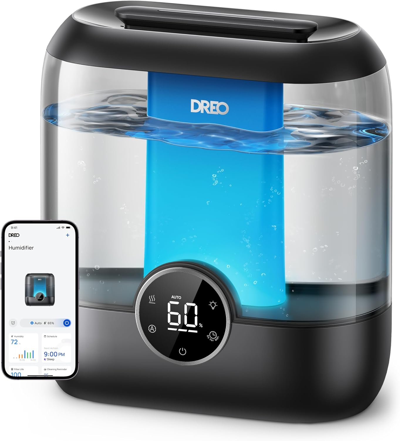 A contemporary humidifier producing mist, managed through a smartphone application for optimal indoor humidity.