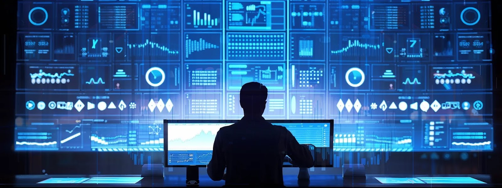 a person analyzing a detailed seo analytics report on a computer screen surrounded by charts and graphs.