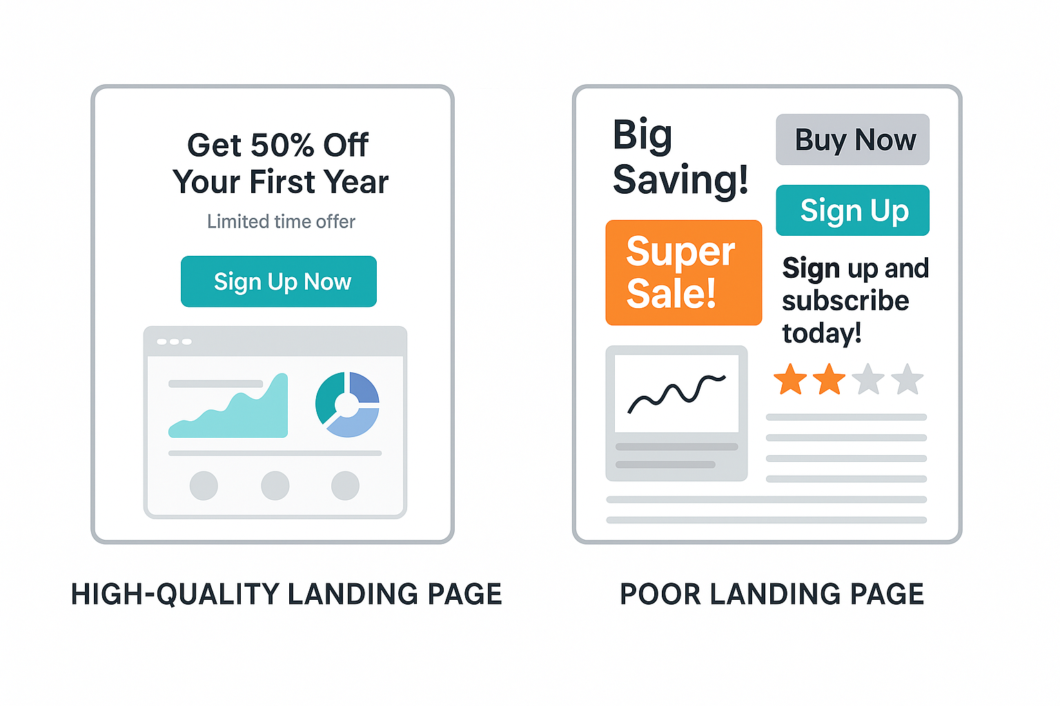 Side-by-side comparison of a clean landing page versus a chaotic one with clashing colors, overlapping CTAs, and inconsistent layout