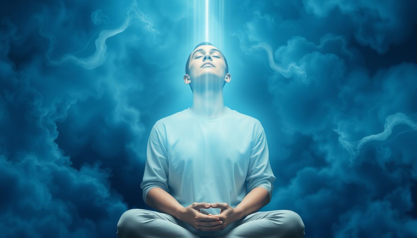 An image of a person sitting with their eyes closed, deep in concentration. Their hands are loosely clasped in their lap, and their face is peaceful yet determined. Surrounding them are wispy clouds of various shades of blue, symbolizing the person's thoughts and desires. In the center of the image, there is a bright light shining down on them, representing the manifestation of their desired outcome. The overall mood of the image should be serene and optimistic.