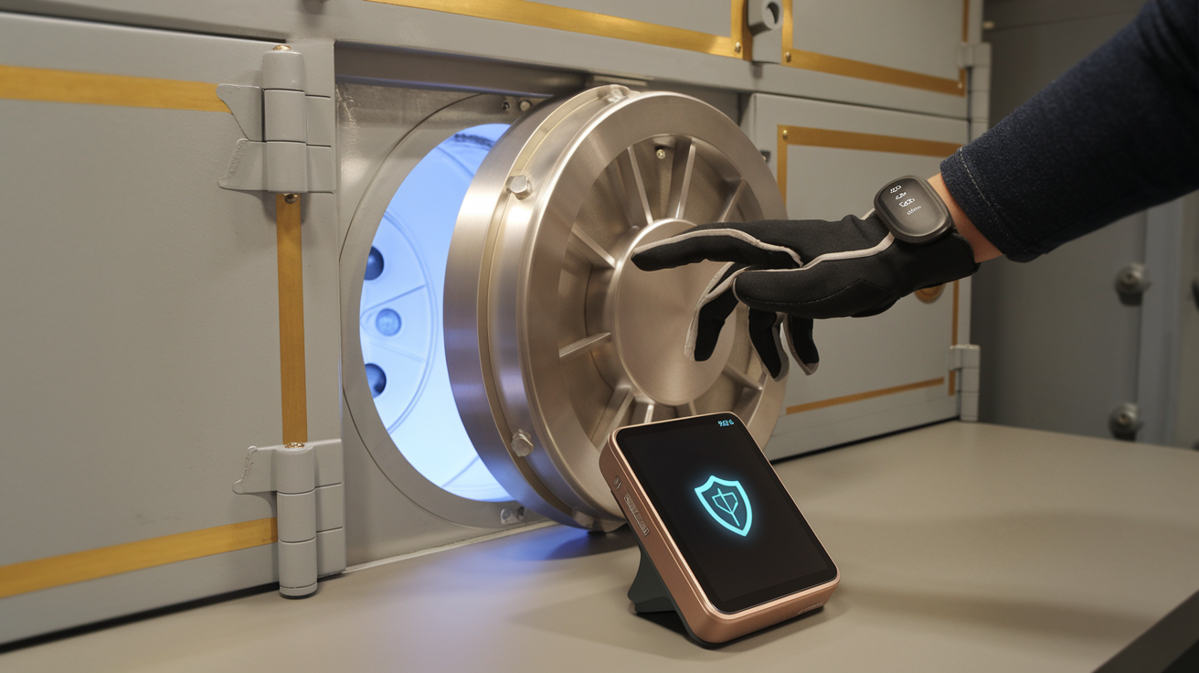 Create a realistic image of a secure vault door partially open, revealing a soft blue glow emanating from inside, symbolizing digital privacy. A human hand is reaching towards the door, wearing a high-tech smart glove, representing the balance between security and accessibility. In the foreground, a sleek hardware wallet device sits on a modern desk, its screen displaying a privacy shield icon.