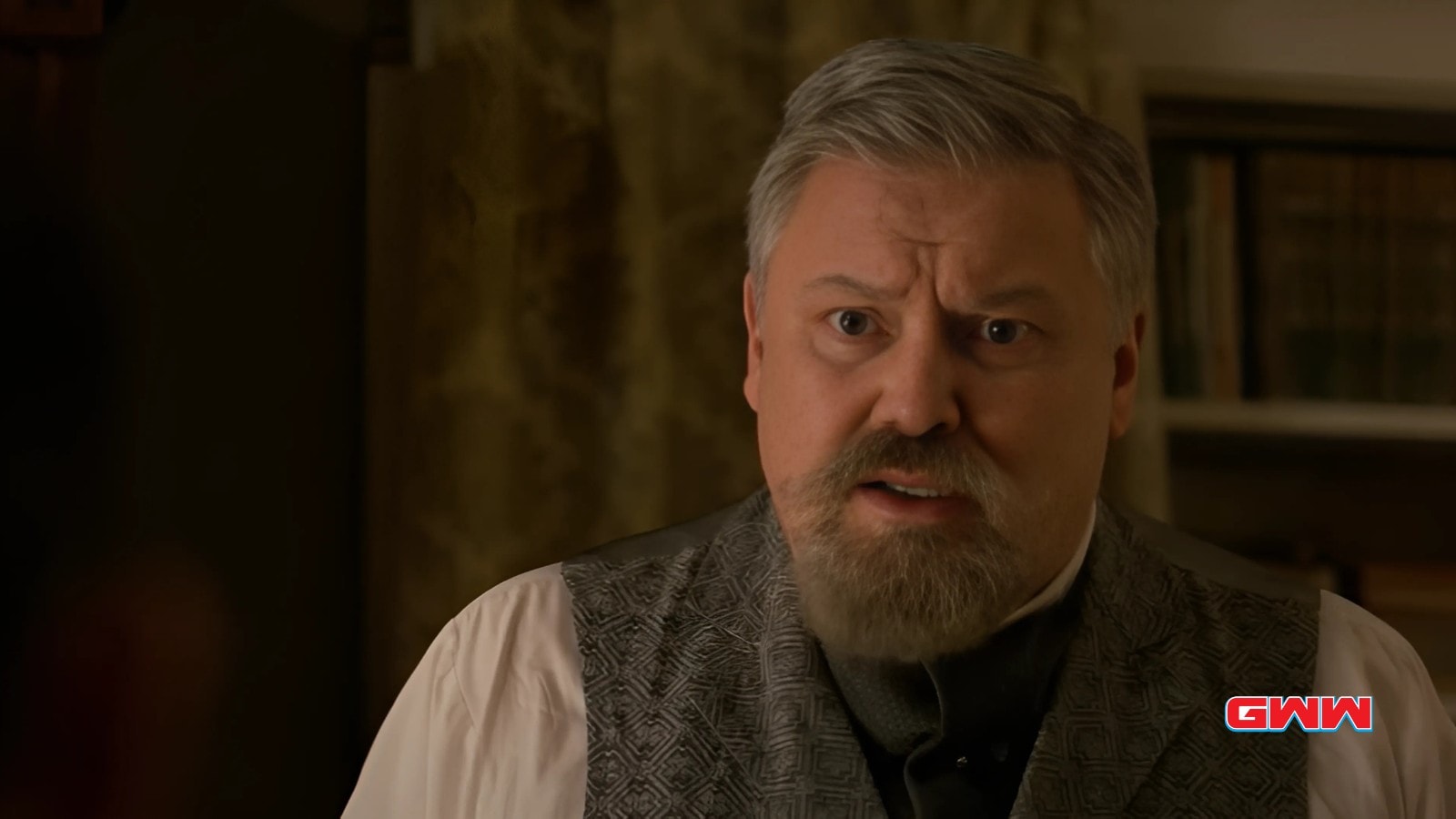 Conleth Hill looking surprised in a tense scene from Vienna Blood