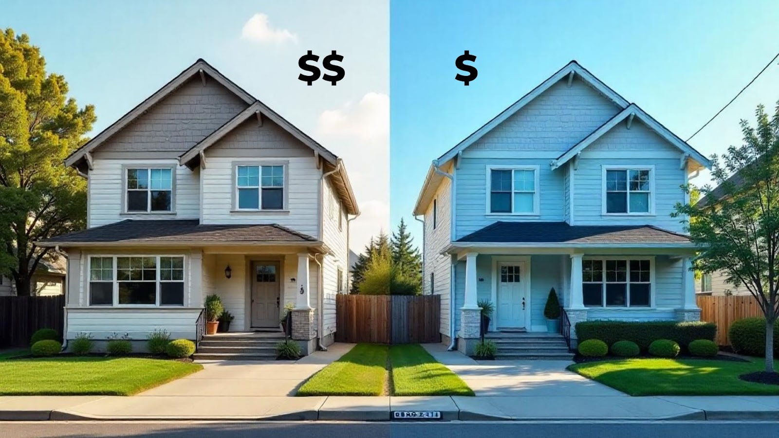 Illustration of two identical houses with different appraisal values, demonstrating the concept of unequal property appraisal in Texas.