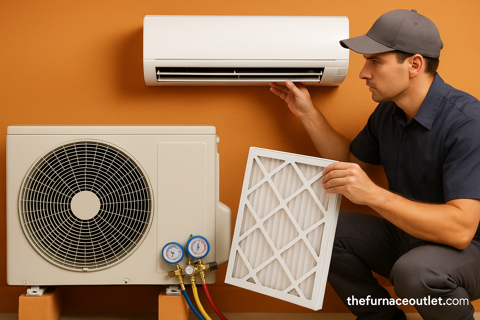 A photograph shows a HVAC technician with light skin changing the filter of a wall-mounted mini-split unit while kneeling beside an outdoor condenser. Manifold gauges are attached, and the background features a warm orange wall with thefurnaceoutlet.com branding