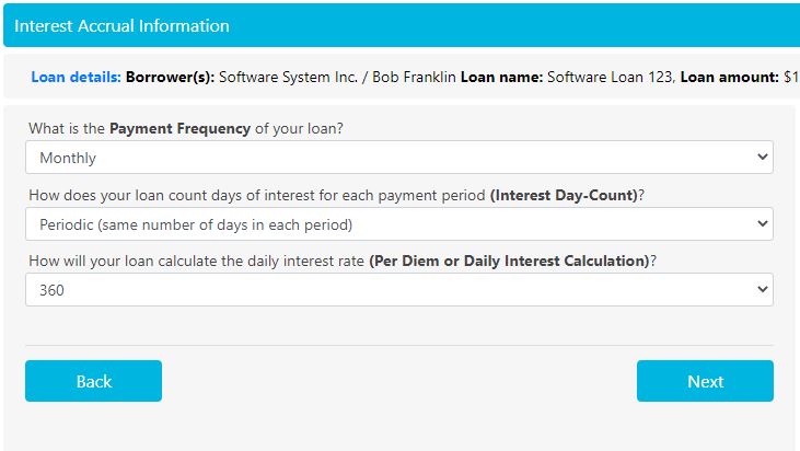 Interest Accrual Information interface for 'Software Loan 123,' showing borrower details, loan amount, and interest calculation settings.