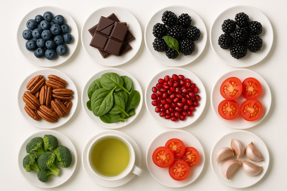 Un aranjament de alimente bogate în antioxidanți - afine, căpșune, nuci și alune, verdețuri și ciocolată